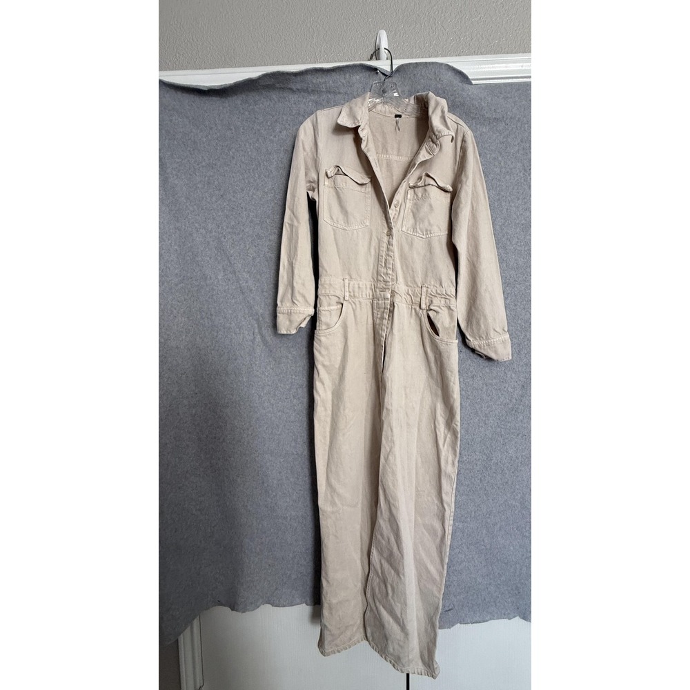 YFB Jumpsuit Womens Small Beige Twill Utility Long Sleeve Button Front Pockets